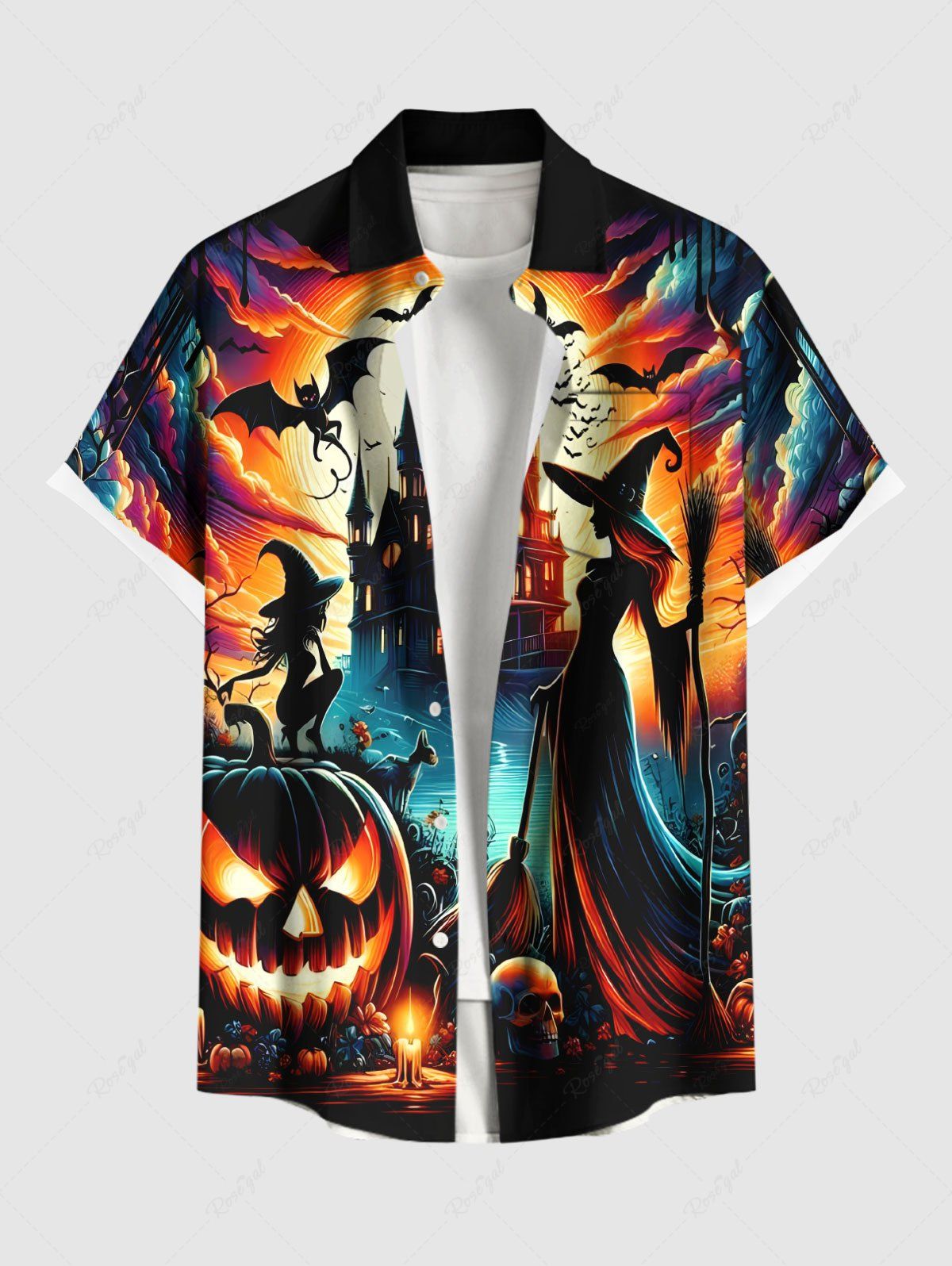 Chemise grande taille à imprimé citrouille, lanterne, crâne, sorcier, chauve-souris, château, lune, Halloween, boutonnée, poche, pour homme Orange M