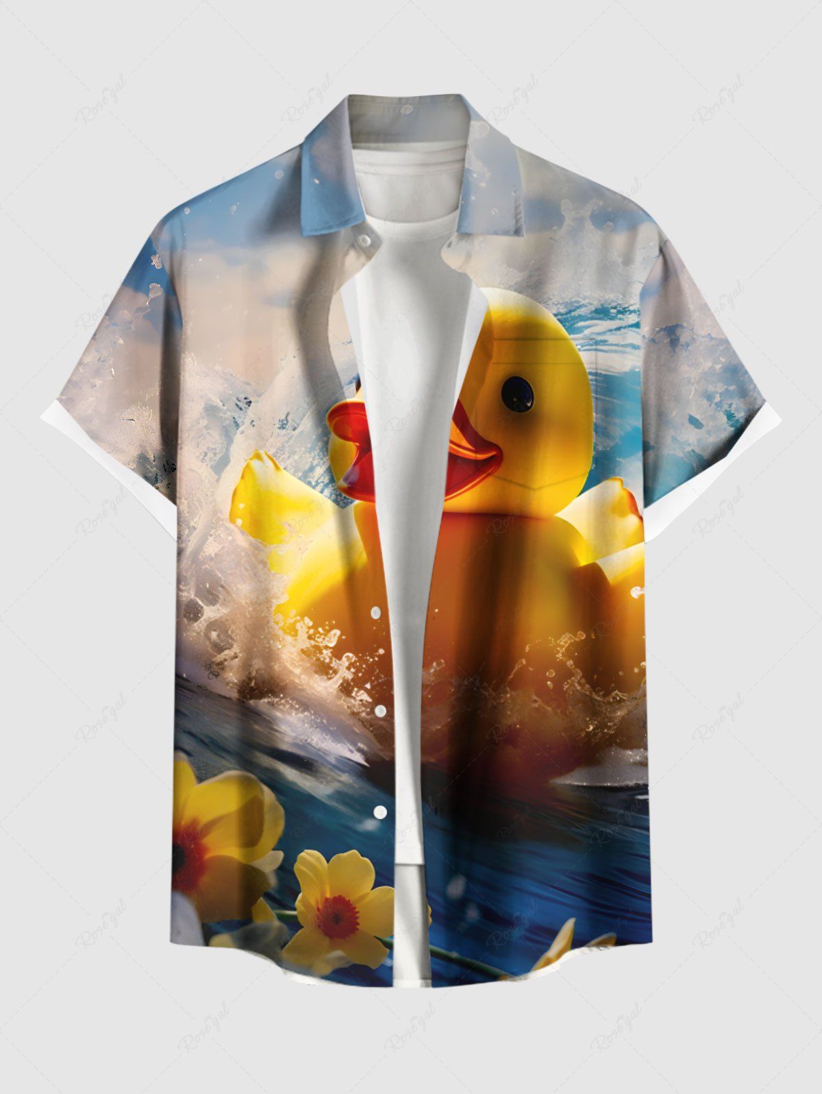 Sale Plus Size Cute Duck Sea Waves Flower Print Hawaii Button Pocket Shirt For Men  