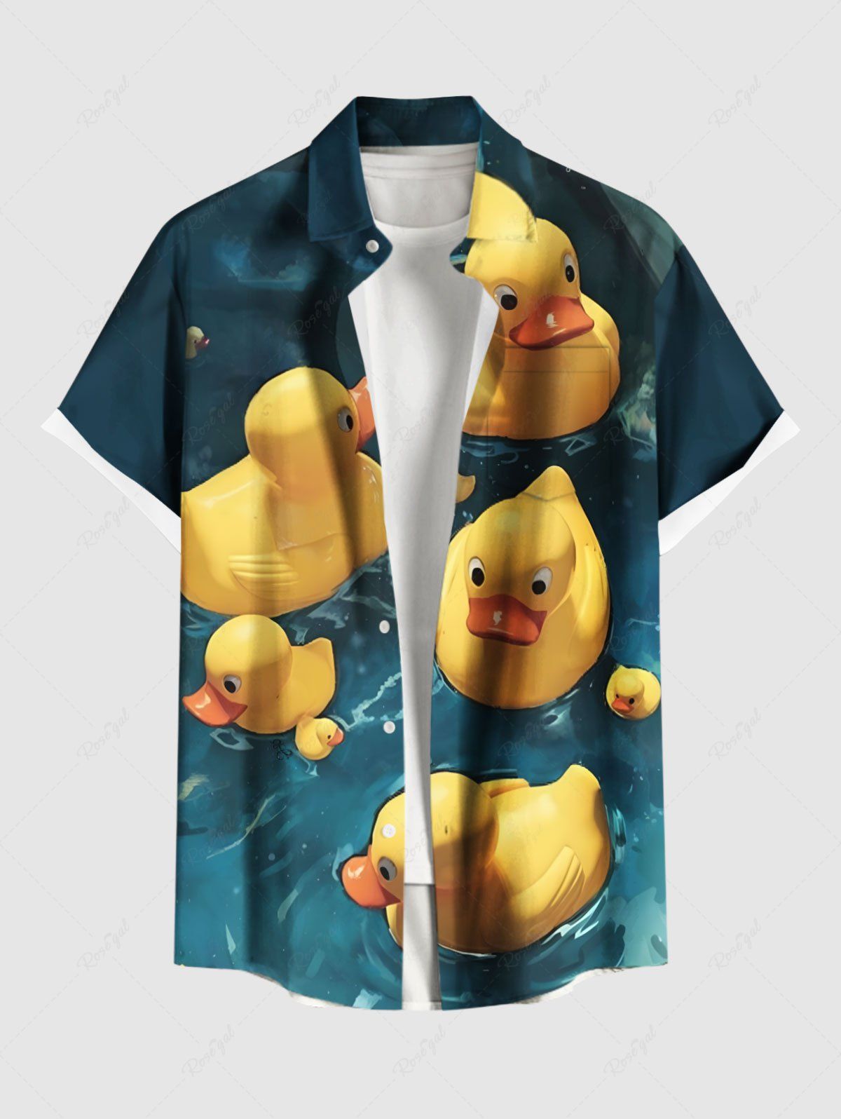 Hot Plus Size Cute Duck Pond Print Hawaii Ombre Button Pocket Shirt For Men  