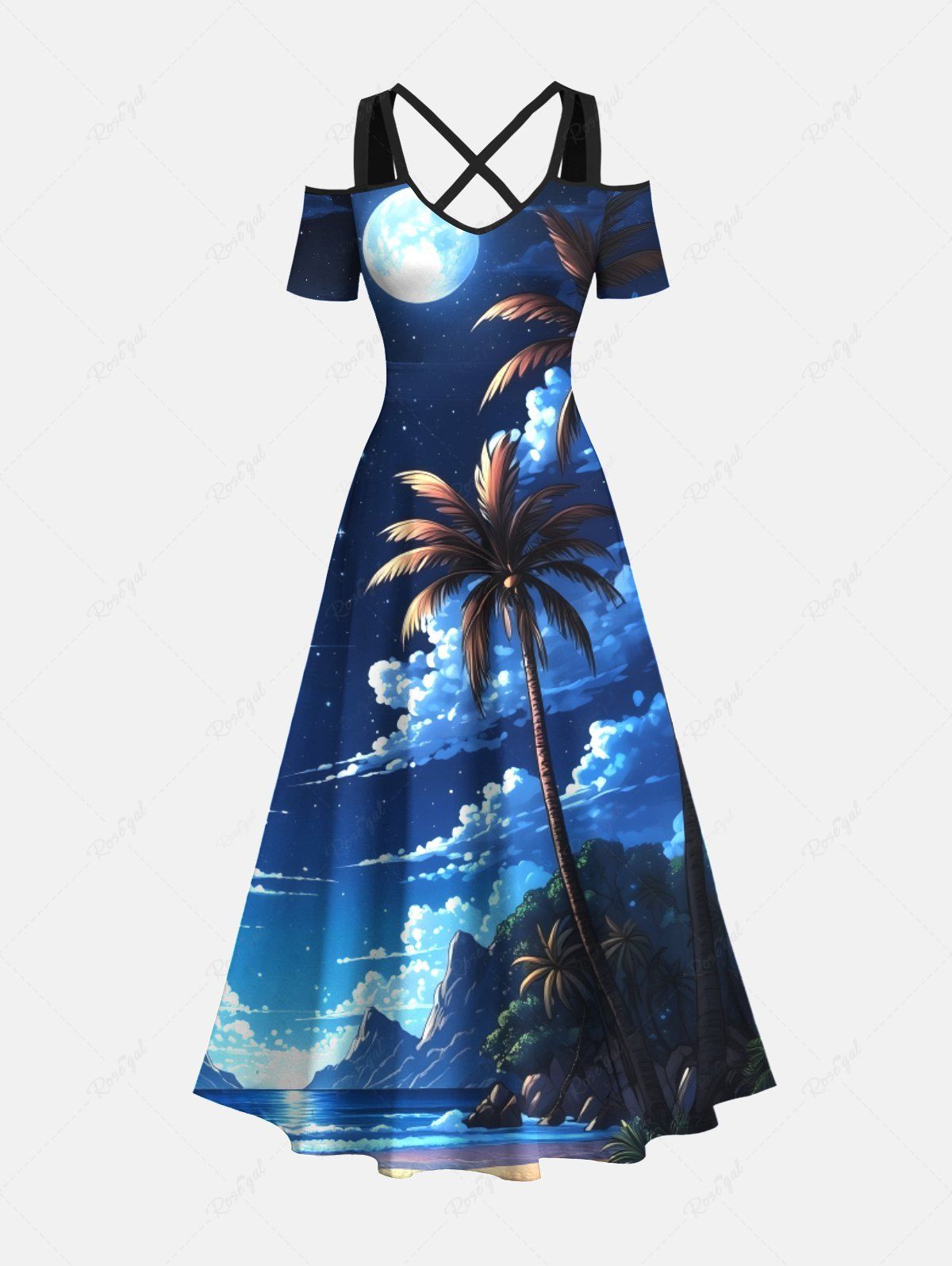 Robe longue hawaïenne grande taille à imprimé cocotier, mer, nuage, lune, galaxie, épaules dénudées, croisée, coupe trapèze Bleu XXS