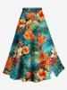Solid Cinched Top and Tropical Leaf Hibiscus Flower Print Hawaii Split A Line Skirt Plus Size Matching Set -  