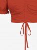 Solid Cinched Top and Tropical Leaf Hibiscus Flower Print Hawaii Split A Line Skirt Plus Size Matching Set -  