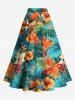 Solid Cinched Top and Tropical Leaf Hibiscus Flower Print Hawaii Split A Line Skirt Plus Size Matching Set -  