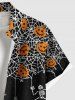 Plus Size Halloween Pumpkin Spider Web Skeleton Print Buttons Pocket Shirt For Men -  