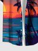 Chemise hawaïenne grande taille à boutons et poches, imprimé cocotiers, soleil et paysage marin, pour homme - Bleu 5XL