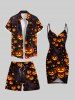 Plus Size Pumpkin Lantern Branch Print Halloween Drawstring Pocket Beach Shorts For Men -  