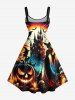Plus Size Pumpkin Lantern Skull Wizard Bat Castle Moon Print Halloween A Line Tank Dress -  