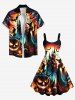 Plus Size Pumpkin Lantern Skull Wizard Bat Castle Moon Print Halloween A Line Tank Dress -  
