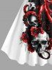 Robe trapèze grande taille à imprimé tête de mort, poulpe et fleurs pour Halloween - Blanc M