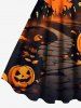 Robe trapèze grande taille à imprimé citrouille, chauve-souris, arbre, château, Halloween - Orange 4X