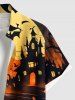 Plus Size Pumpkin Bat Tree Castle Print Halloween Button Pocket Shirt For Men -  