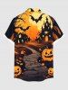 Plus Size Pumpkin Bat Tree Castle Print Halloween Button Pocket Shirt For Men -  