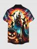 Plus Size Pumpkin Lantern Skull Wizard Bat Castle Moon Print Halloween Button Pocket Shirt For Men -  