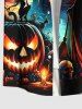 Plus Size Pumpkin Lantern Skull Wizard Bat Castle Moon Print Halloween Button Pocket Shirt For Men -  