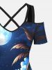 Robe longue hawaïenne grande taille à imprimé cocotier, mer, nuage, lune, galaxie, épaules dénudées, croisée, coupe trapèze - Bleu M