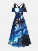 Robe longue hawaïenne grande taille à imprimé cocotier, mer, nuage, lune, galaxie, épaules dénudées, croisée, coupe trapèze - Bleu 6X