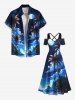 Robe longue hawaïenne grande taille à imprimé cocotier, mer, nuage, lune, galaxie, épaules dénudées, croisée, coupe trapèze - Bleu 6X