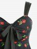 Cherry Leaf Print Tie Bowknot Ruched Panel Tank Dress -  