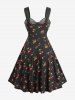 Cherry Leaf Print Tie Bowknot Ruched Panel Tank Dress -  