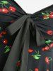 Cherry Leaf Print Tie Bowknot Ruched Panel Tank Dress -  