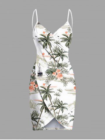 Plus Size Coconut Tree Hibiscus Flower Sun Boat Print Convertible Hawaii Beach Cover - WHITE - 2X