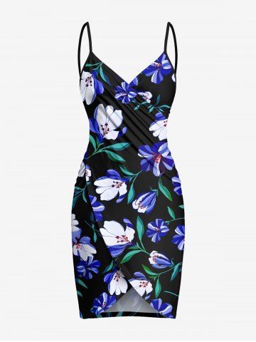 Plus Size Flowers Leaf Print Convertible Hawaii Beach Cover - BLACK - XS