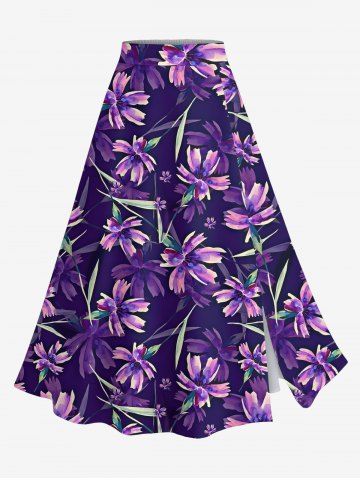 Plus Size Flowers Leaf Print Split Hawaii Skirt - BLACK - S