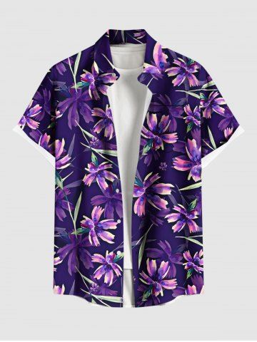 Plus Size Flowers Leaf Print Buttons Pocket Hawaii Shirt For Men - PURPLE - L