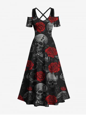 Plus Size Halloween Skulls Rose Flowers Print Cold Shoulder Crisscross Maxi Dress - BLACK - 2X