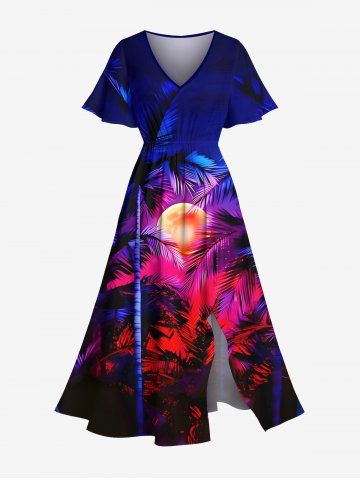 Plus Size Coconut Tree Moon Neon Glitter 3D Print Split Hawaii Midi Dress - BLUE - XXS
