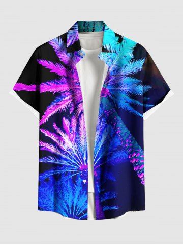 Plus Size Coconut Tree Neon Glitter 3D Print Buttons Pocket Hawaii Shirt For Men - PURPLE - L