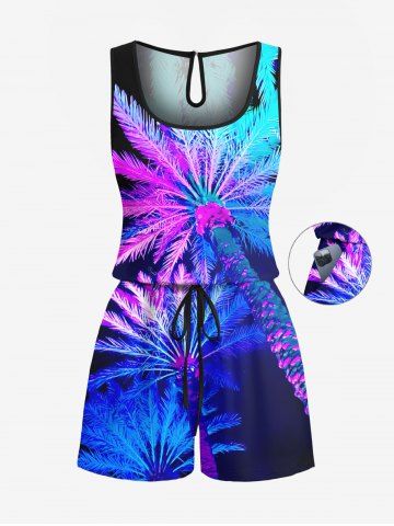 Plus Size Coconut Tree Neon Glitter 3D Print Cinched Hawaii Romper - PURPLE - XS