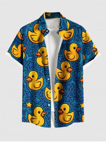 Plus Size Ducks Stars Print Buttons Pocket Hawaii Shirt For Men - BLUE - M