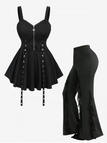 Lace Trim Star Zipper Plisse Tank Top and Lettuce Spider Web Flocking Flare Pants Plus Size Outfit