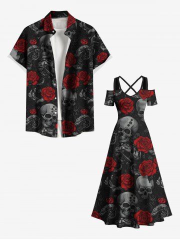 Halloween Skulls Rose Flowers Print Plus Size Matching Outfit For Couples - BLACK