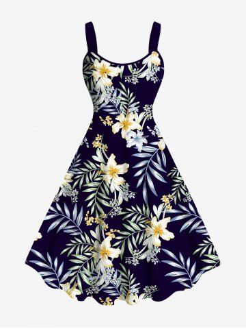 Plus Size Tropical Leaf Hibiscus Flower Print Hawaii A Line Tank Dress - DEEP BLUE - XXS