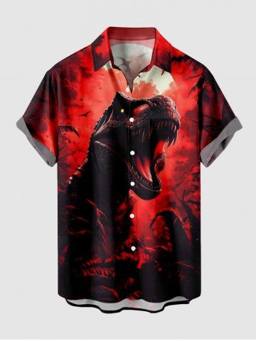 Plus Size Dinosaur Moon Galaxy Print Halloween Button Pocket Shirt For Men - RED - 5XL