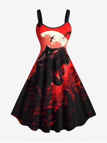 Plus Size Dinosaur Moon Galaxy Print Halloween A Line Tank Dress - RED - 4X