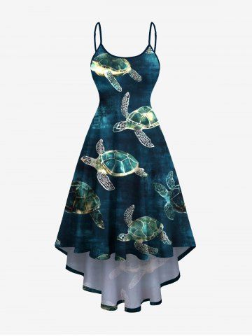 Plus Size Turtle Ombre Sea Print Hawaii Sea Creatures High Low Asymmetric Cami Dress - DEEP GREEN - 6X
