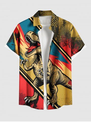 Plus Size Dinosaur Colorblock Patchwork Print Button Pocket Shirt For Men - DEEP YELLOW - 5XL