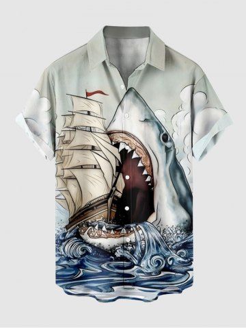 Plus Size Shark Sea Waves Sailboat Print Hawaii Cruise Button Pocket Shirt For Men - LIGHT GRAY - 5XL