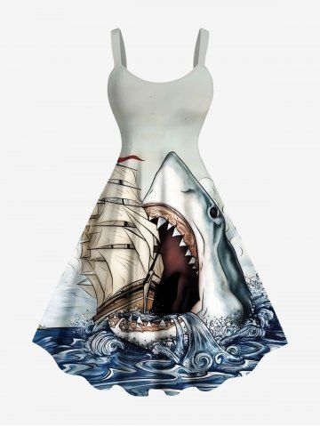 Plus Size Shark Sea Waves Sailboat Print Hawaii Cruise A Line Tank Dress - LIGHT GRAY - L