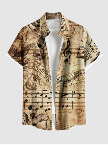 Plus Size Ombre Vintage Flower Music Symbol Print Button Pocket Shirt For Men - COFFEE - 5XL