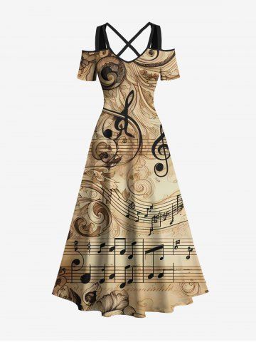 Plus Size Ombre Vintage Flower Music Symbol Print Cold Shoulder Crisscross A Line Maxi Dress - COFFEE - 5X
