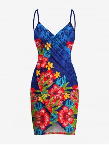 Plus Size Ombre Tropical Leaf Hibiscus Flower Print Hawaii Convertible Beach Cover Up - SKY BLUE - XXS