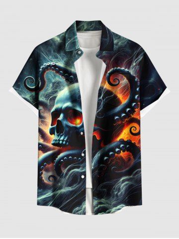 Plus Size Glitter Skull Octopus Cloud Print Halloween Button Pocket Shirt For Men - DEEP GREEN - 5XL