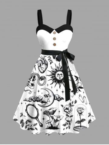 Plus Size Sun Moon Cloud Flower Mushroom Skull Snake Print Halloween Button A Line Dress with Removable Belt - WHITE - 5X