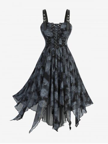 Plus Size Rose Flowers Print Grommets Lace-up Ruched Lace Trim Asymmetrical Tank Dress - BLACK - L | US 12