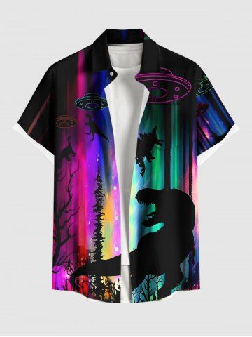 Chemise à poches boutonnées grande taille pour homme, imprimé dinosaure OVNI ombré aurore boréale, style hawaïen - BLACK - S