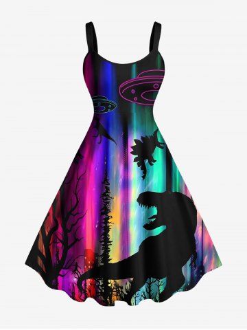 Plus Size Dinosaur UFO Ombre Aurora Print Hawaii A Line Tank Dress - BLACK - XXS